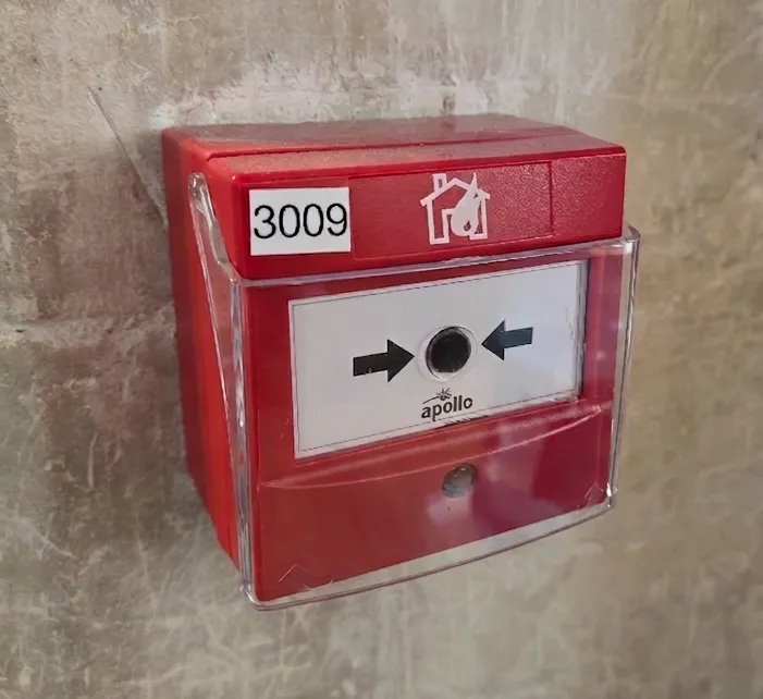 Red manual fire alarm call point mounted on a stone wall, featuring a clear protective cover, inward pointing arrows, an Apollo logo, and an identification label reading 3009.
