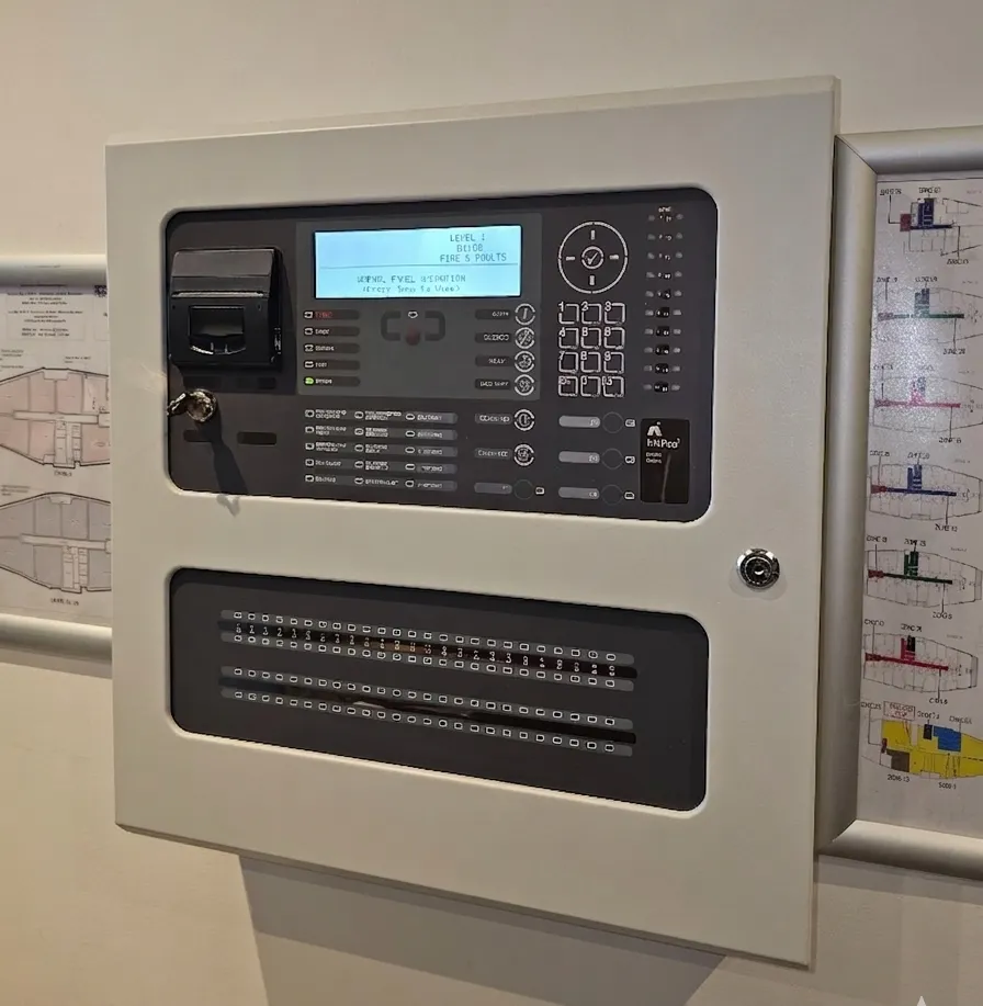 Wall mounted fire alarm control panel with digital display, keypad, and indicator lights, installed in a corridor with fire safety plans displayed beside it.