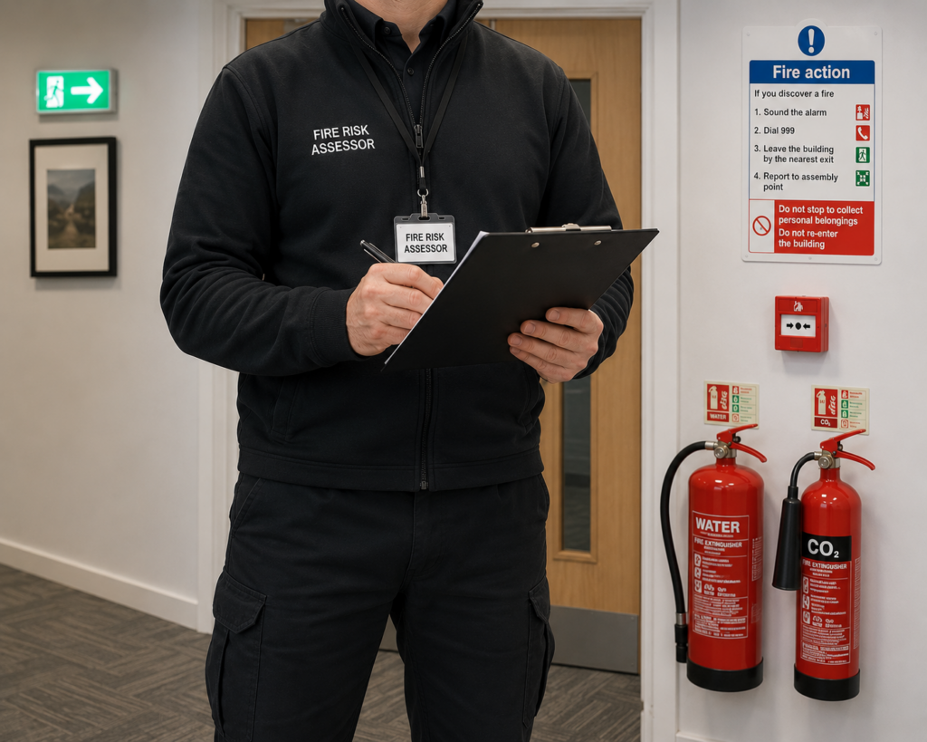 A man in a black quarter zip jumper and black trousers with embroidery on the chest and a lanyard with the title Fire Risk Assessor.