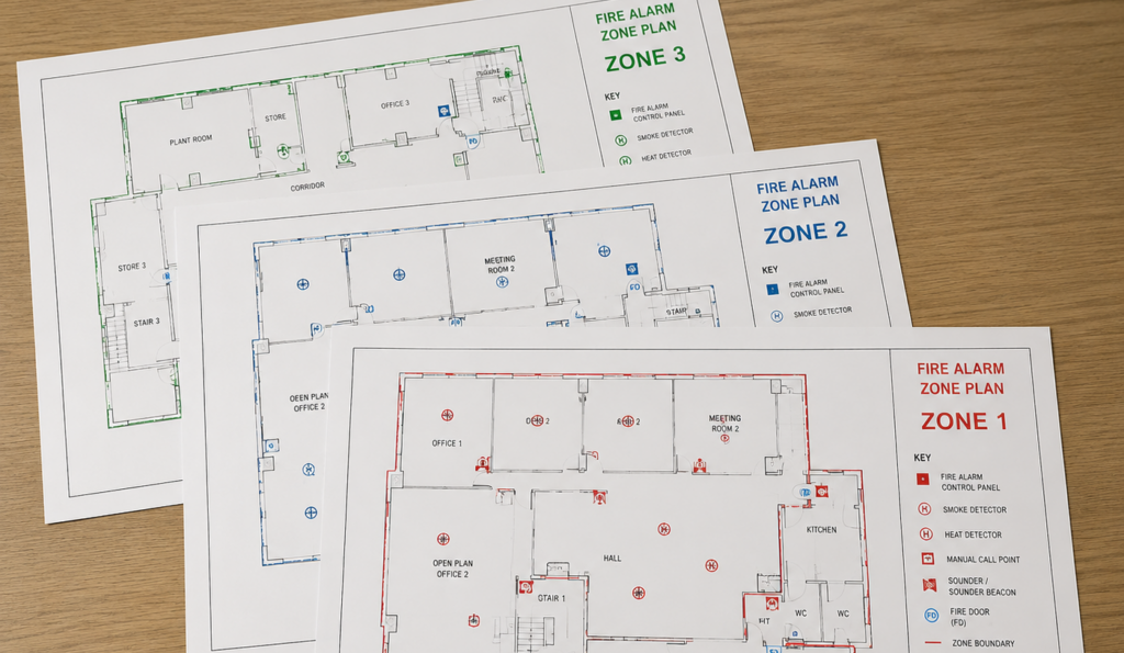 3 sheets of building plans, colour-coordinated in red, blue, and green, with titles explaining fire safety procedures and zones in the event of a fire.